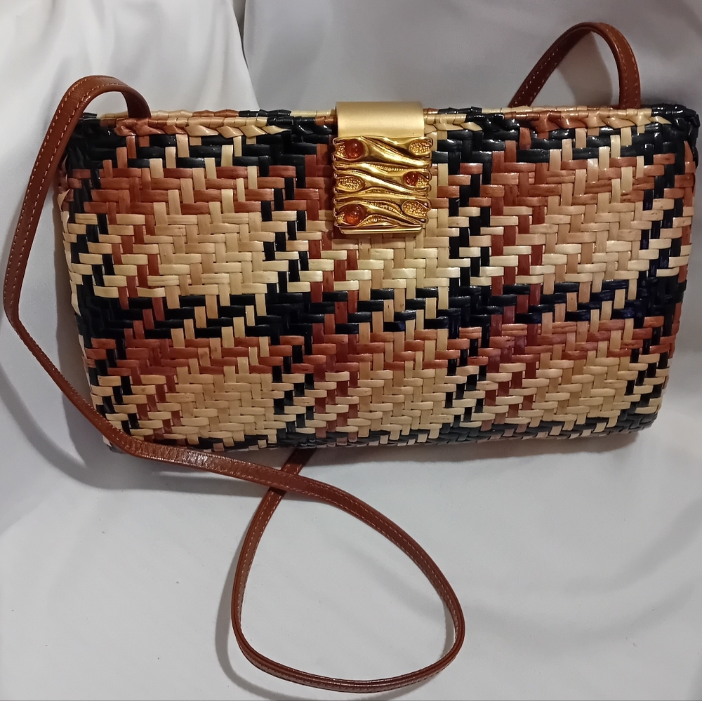 Vintage RODO Woven Tan and Black Clutch Crossbody Purse 42" Strap